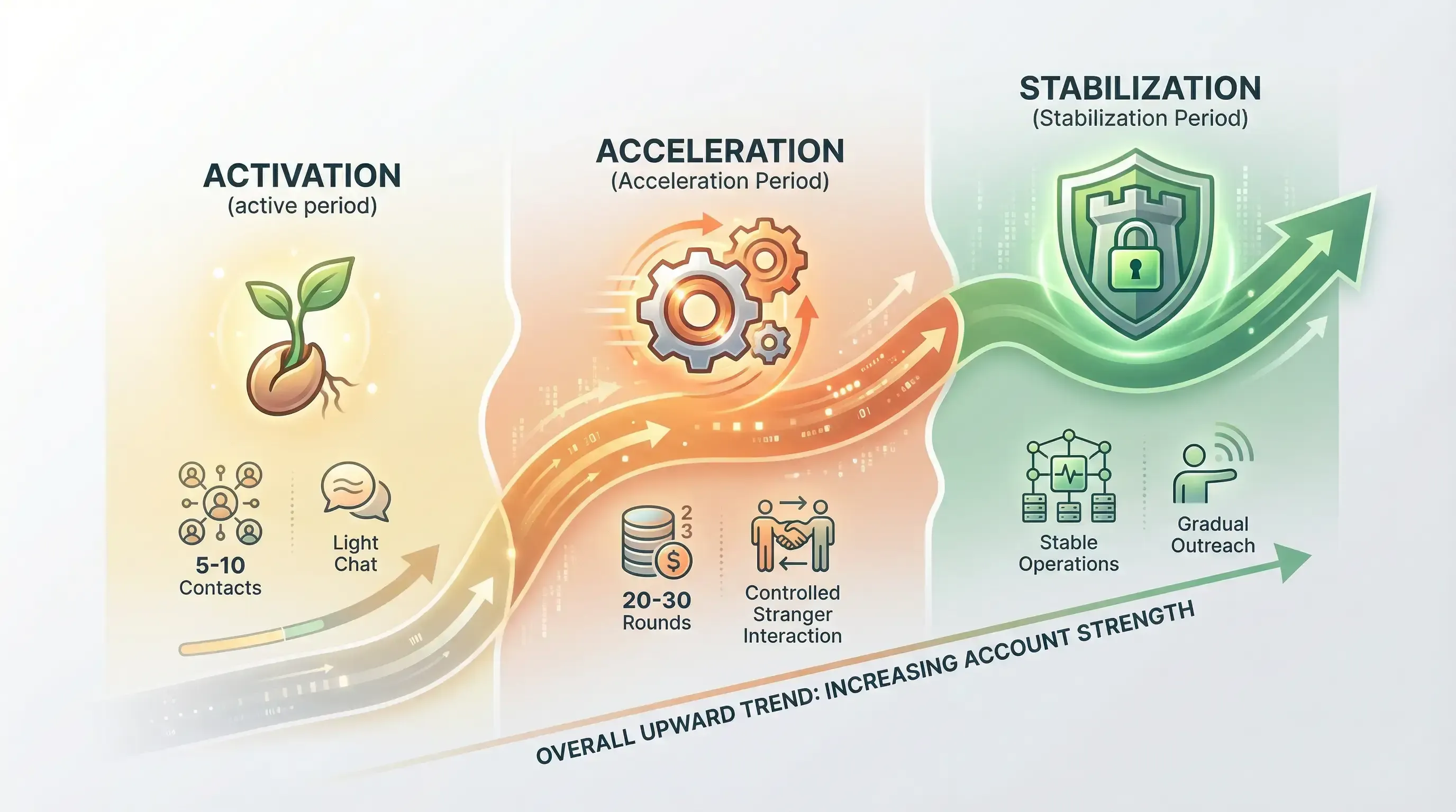 Diagram alur pemanasan WhatsApp 2026 - Strategi 7 hari dari aktivasi hingga stabilisasi